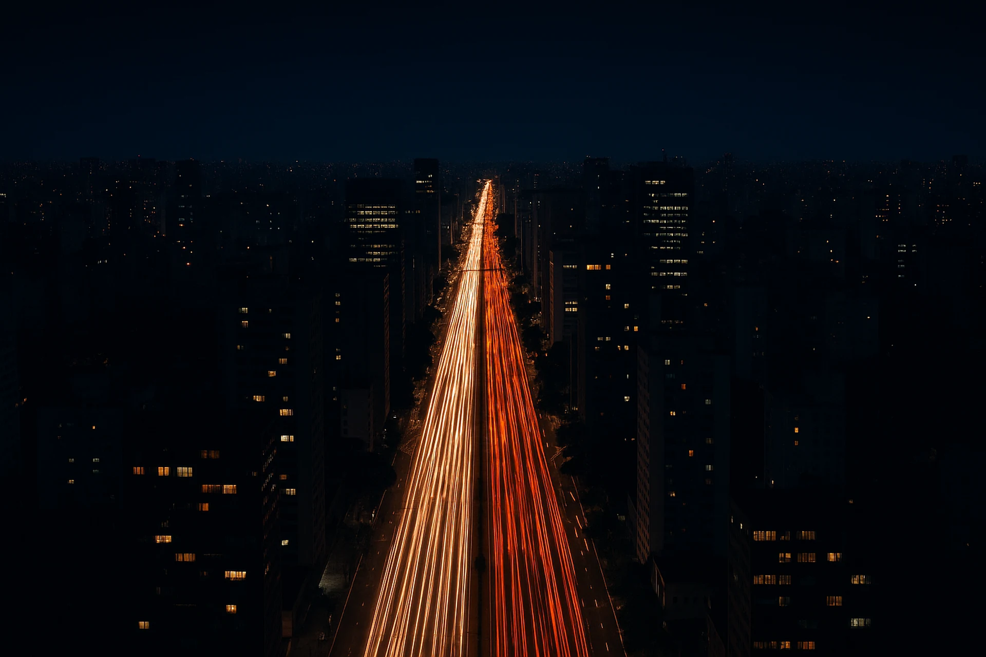 Vista aérea noturna de uma avenida com rastros de luz dos veículos
